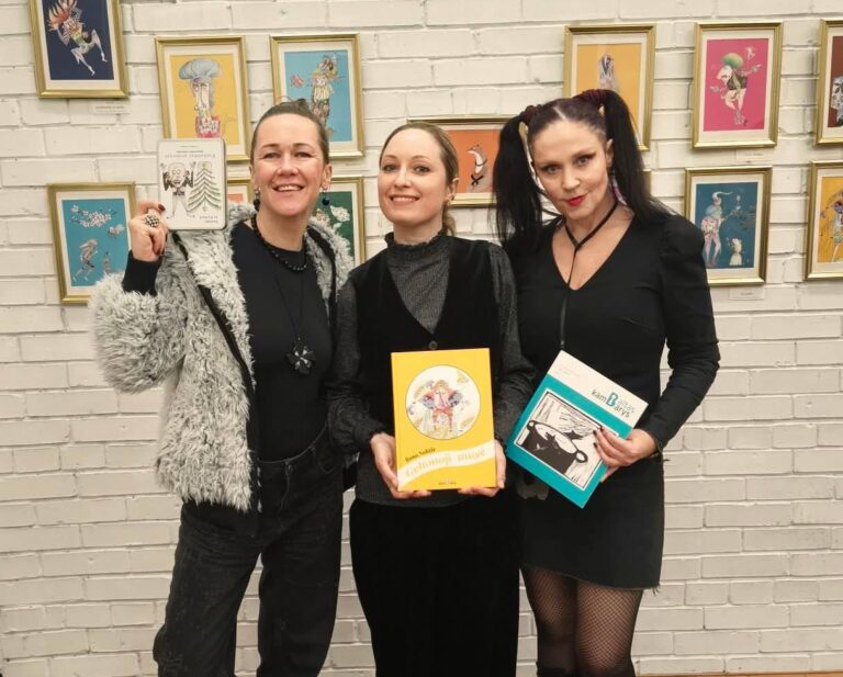Rasa Night painting exhibition “Upside down” closing and book-launch/concert of her poetrybook “Yellow Fly” at Vinco Kudirkos Public Library’s Music and Arts department, Kaunas,Lithuania. 29th December 2025. The author also entertained the public by performing jazzsongs.